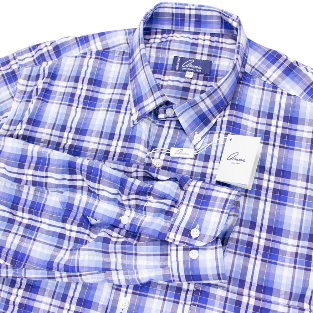 NWT Arnau‎ Barcelona Mens 2XL Blue Plaid Seersucker Button Front Shirt $165 MSRP